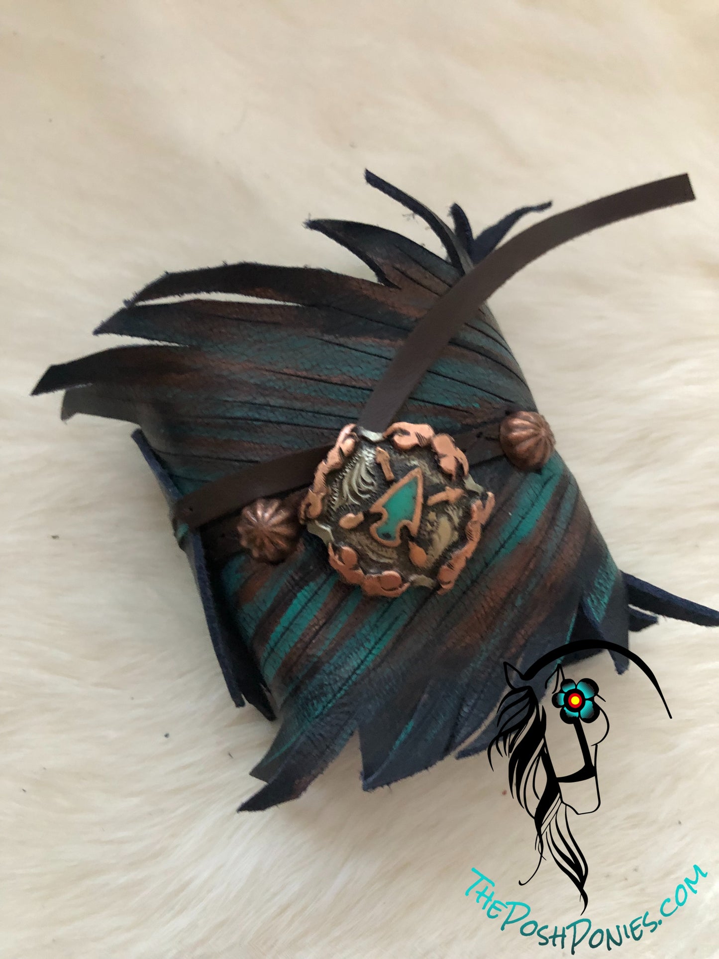 Leather Feather Wrap Cuff Reds/Turquoise with Handmade Arrowhead Concho