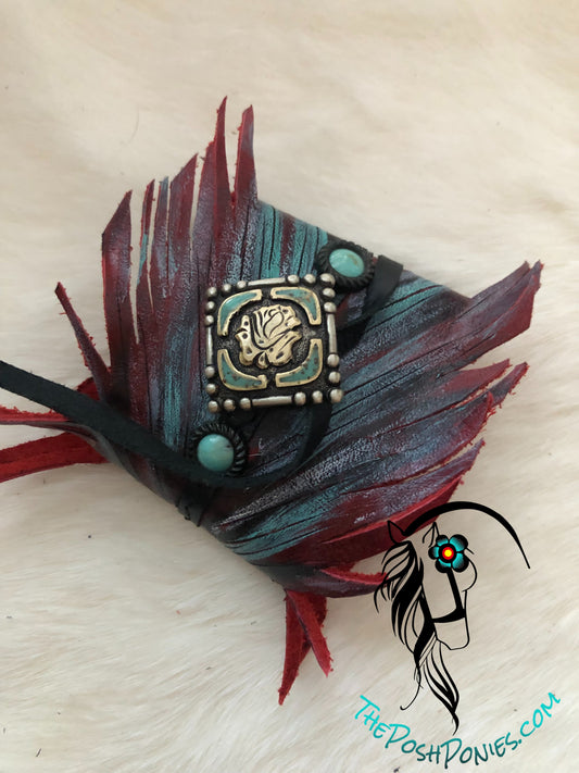 Leather Feather Wrap Cuff Red/Turquoise with Handmade Square Rose Concho