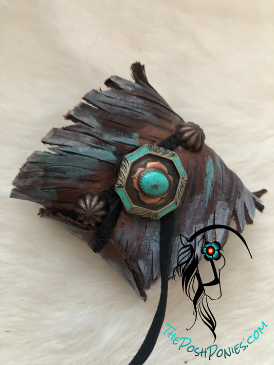 Leather Feather Wrap Cuff Smoke & Copper with Handmade Turquoise Floral Concho