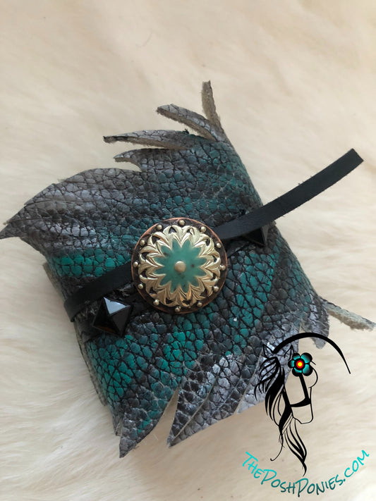 Leather Feather Wrap Cuff Turquoise Silver with Turquoise Burst Concho