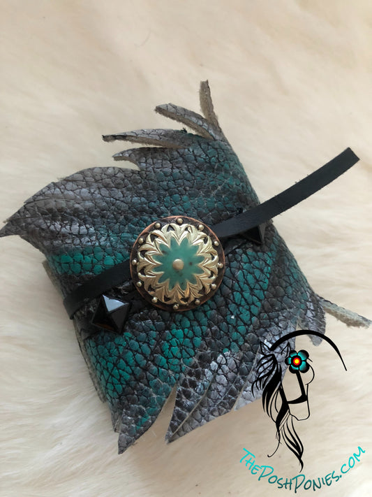 Leather Feather Wrap Cuff Turquoise Silver with Turquoise Burst Concho