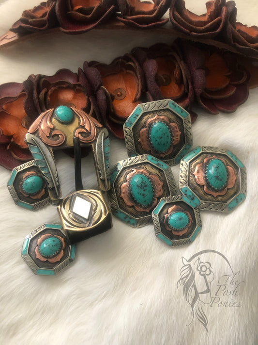 Handmade Turquoise Center Stone Collection Chicago Back Conchos 3 sizes and Matching Buckle/keeper-each piece sold individually