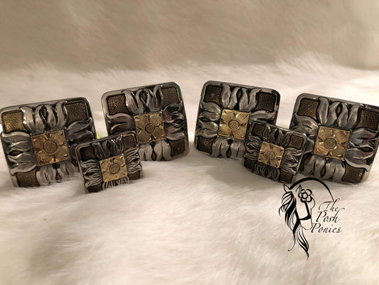 Handmade Square Silver/Brass Saddle Concho Set