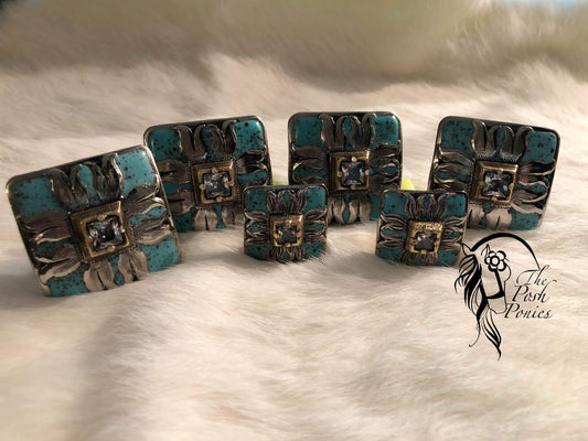 Handmade Square Turquoise/Silver with center clear stone Saddle Concho Set