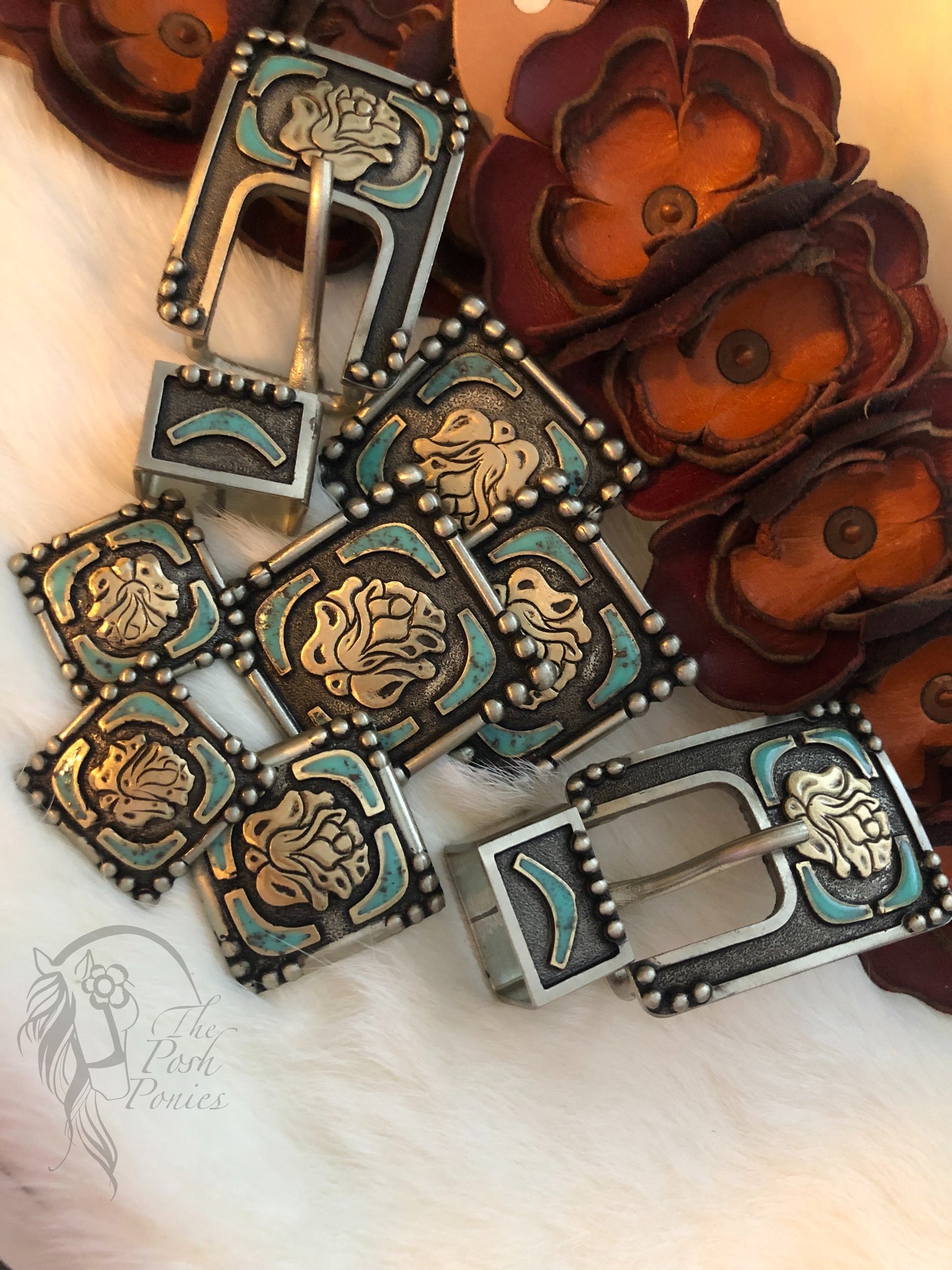 Handmade Square Rose Turquoise/Black Beautiful Chicago Back Concho 3 Sizes & Buckle/Keeper Set-each piece sold individually