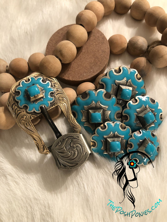 Handmade Turquoise Sunburst Collection-Chicago Back Conchos and 3/4" Buckle/Keeper Set (Each sold separate, buckle comes with 1 keeper)